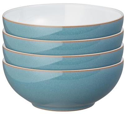 Denby - Azure Alt Coupe Set of 4 Cereal Bowls - Dishwasher & Microwave Safe Ceramic Crockery - Powder Blue Glaze Bowls for Soup, Rice - Chip & Crack Resistant Stoneware for Everyday - L17xW17xH6.5cm