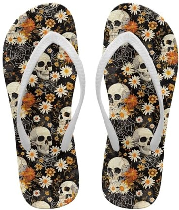 Pzuqiu Tongs personnalisées pour femmes sandales confortables douche et marche sandales string blanc taille 35-40, Crâne Daisy Toile d'araignée, 40.5 EU