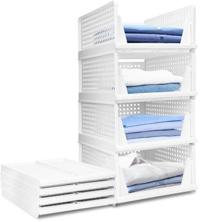 USHOP Set da 4 ​​Organizer Armadio Impilabile​​ –cassetti impilabili​,Design perforato con scomparti estraibili,Cassetti Armadio-saving per camera da letto/cucina/bagno (Bianco)