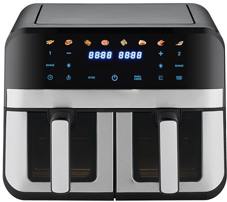 Oyajia Dual Zone Heißluftfritteuse, XXL 9L Rapid AirFryer, 2 Fächer, 8 Programme, 80°C- 200°C, 2400W, Heißluftfritteusen ohne Öl, Grillen, Backen, Braten, Spülmaschinenfest, Antihaftbeschichtung