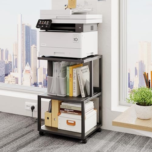 MUTUN Mesa de impresora, soporte de impresora de 3 niveles con ruedas, carro de impresora de metal, carrito de impresión móvil, estante de almacenamiento, armario para impresora de fax, para estudio