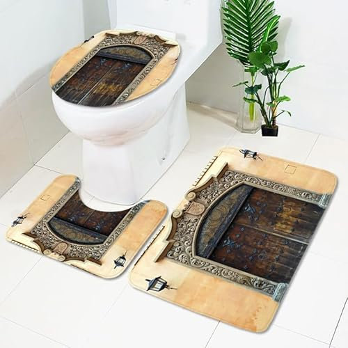 Badrumsmatta blå brun retro WC matta med utsnitt WC lockskydd 3 delar WC matta halkfri badrumsset U-formad badmatta tvättbar badrumsmatta set 50 x 80 cm