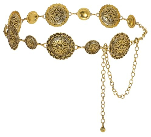 JasGood Damen Concho Taillenkettengürtel Mode Kettengürtel Taillenkette Taillengürtel Verstellbarer Metall Gürtel Gold Damen Western Cowgirl Gürtel für Kleider