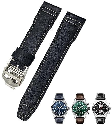 JDIME 20 mm 21 mm Rindsleder-Armband, geeignet für IWC-Fliegeruhren, Portugieser-Armbänder, Mark 18, weiches blaues Armband(Black White Folding,21mm)