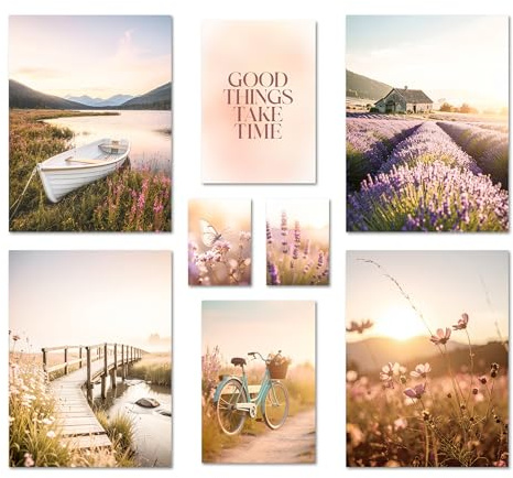 ARTFAVES® Poster Set - VINTAGE LAKE SUMMER - mehrteilige Wanddeko Wohnzimmer & Schlafzimmer - 8 moderne Wandbilder sommer, frühling, sonnenuntergang, landschaft, natur, provence - ohne Bilderrahmen