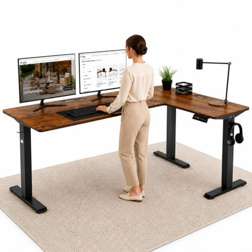 di volio Höhenverstellbarer Eckschreibtisch Braun Rechts 192×137 cm Trani | Elektrischer L-Schreibtisch, 2 Motoren, Memory-Funktion, stabile Konstruktion, Kabeldurchlässe, Haken, für Homeoffice
