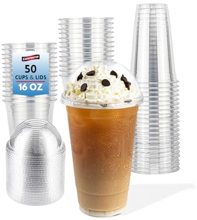 Caterserve Clear 16oz Cups with Dome Lids – 50 Pack Set – Great for Iced Drinks at Cafes, Restaurants, Events, and Takeaway Service