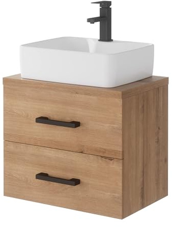 UEV Waschtisch mit Unterschrank Gäste-WC Waschtisch kleine, Waschbecken mit Wasserhahn, Waschtischunterschrank hängend, Waschplatz ausreichend Stauraum,Badmöbel Set 60,5 x 40,5 x 53,2 cm, Natur