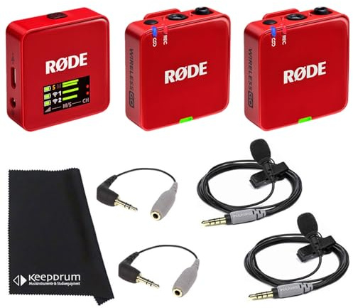 Rode Système de microphone sans fil GO Gen 3, 2 canaux, rouge, avec 2 microphones à clipser Smartlav+, 2 adaptateurs SC3 et chiffon Keepdrum