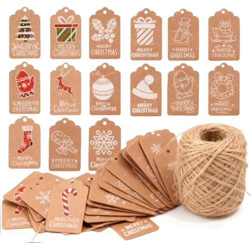 150 Stück Weihnachten Geschenkanhänger Kraftpapier, mit 3 Rollen Schnur | Vielfältige 3D‑Optik für festliche Gestaltung,Praktische Schnur,Vielseitig für Karten, Preisschilder nutzbar