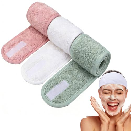 OMBRISA Spa ansiktspannband, 3 st, justerbart pannband för ansiktstvätt, dubbla lager korallfleece hudvård pannband med magisk tejp, för smink dusch bad ansiktsskydd sport (grön, rosa, vit)