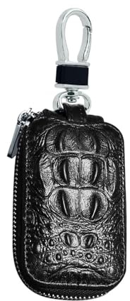 ASISUN Étui Porte-Clés en Cuir de Vache Véritable Noir, Pochette Zippée pour Clé de Voiture, Maison et Moto, Anneau Porte-Clés Argenté en Métal, Organisateur Compact Unisexe