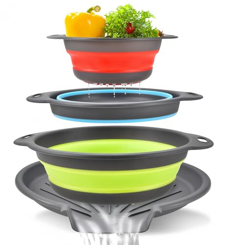Collapsible Colanders Food Strainers, 3-Pack Foldable Kitchen Strainers with Over-Sink Water Draining Tray, Space Saving Kitchen Drainer for Vegetables, Fruit, Pasta and Rice (Blue-Red-Green-Gray)