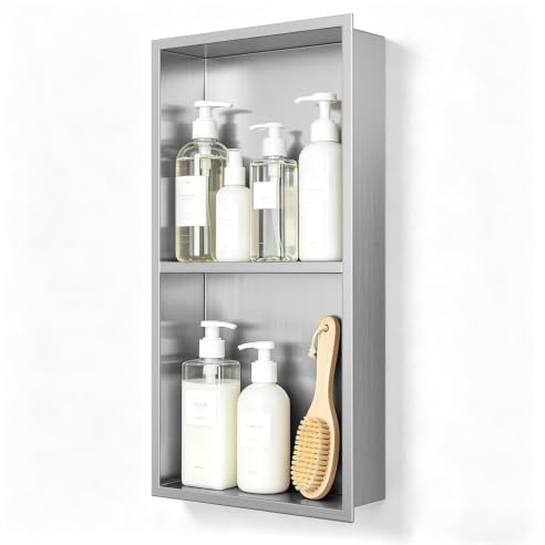Fushabana Stainless Steel Wall Niche for Shower, Recessed Bathroom Storage Unit with Double Tier Shelf, 33x63cm Outer, 30.5x60.5cm Cutout, No Tiling Needed, Rustproof Black Coated Insert (Silver)