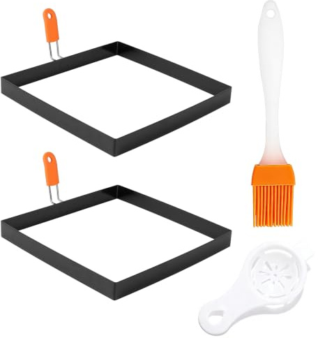 Griddle Egg Rings, Non-Stick Griddle Rings, Stainless Steel Mold 2 Packs for Sandwich Omelette with Egg Separator and Silicone Oil Brush
