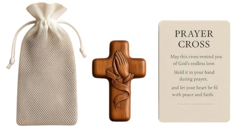 IGNITRON Elegant Christian Gifts For Women, Mini 3D Wooden Pocket Cross, Delicate Holding Cross, 2.4×1.6 Inches Wooden Cross, Ideal for Religious Gifting & Daily Use, with Cards & Mesh Bag