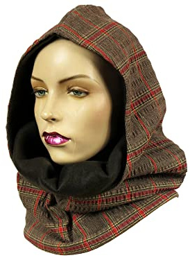 Zweilagiger Kapuzenschal/Kapuzenloop aus Baumwollmischstoff in Abtönungen von Braun mit Karo-Muster in Orange und aus Fleece in tiefem Braun