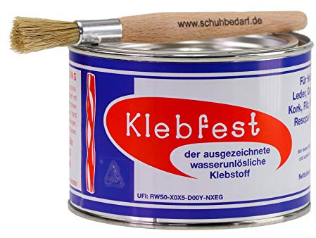 Klebfest Schuhkleber - 330g Dose leistungsstarker Kontaktklebstoff mit Auftragspinsel für Leder, Gummi, Stoff - Langlauf Schuhbedarf - Universal Kleber wasserfest - schnelltrocknend - hochbelastbar
