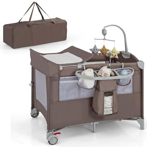 HONEY JOY Pack and Play with Bassinet, 5-in-1 Baby Bedside Sleeper w/Diaper Changing Table & Storage Bag, Toy Arch & Music Box, Detachable Side Rail, Portable Baby Play Yard w/Carry Bag(Coffee)