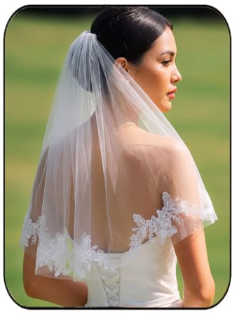 Unsutuo Spitzen-Hochzeitsschleier, kurz, Brautschleier, Schulterlänge, Blumenschleier, Spitzenbesatz mit Kamm, für Damen und Mädchen (weiß)