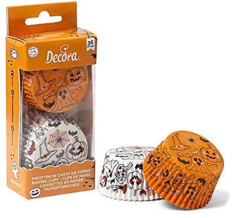 36 Pirottini in carta forno HALLOWEEN con disegno fantasma, zucca, pipistrello, ragnatela - Biachi e Arancio arancione - pirottino decorazione decorativi per Cupcake, muffin, DOLCI
