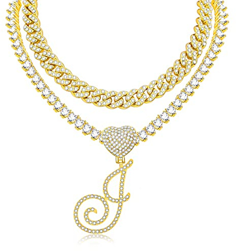 KOHOTA Cadena de eslabones cubanos de oro para mujer, collar con colgante de inicial cursiva en capas en forma de corazón con circonita helada, collar brillante chapado en oro de 24 quilates, joyería