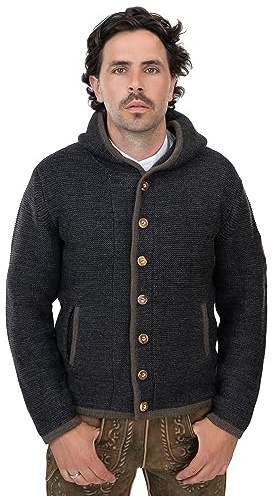 Traditionell jacka för män med huva – traditionell stickad jacka av ull – huvtröja kofta grå/antracit kofta – arvid, antracit, XL