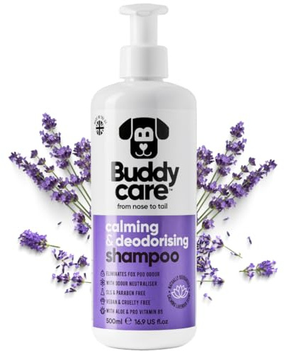 Lugnande och deodoriserande schampo från Buddycare – lavendeldoftande hundschampo – med aloe vera och Pro-vitamin B5 (500 ml)