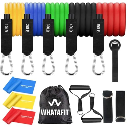 WHATAFIT 11er Widerstandsbänder Set, Fitnessbänder, Gymnastikband, Theraband, Terrabänder, Resistance Bands, Fitnessgeräte für Zuhause mit Zubehör für Physiotherapie & Heimtraining