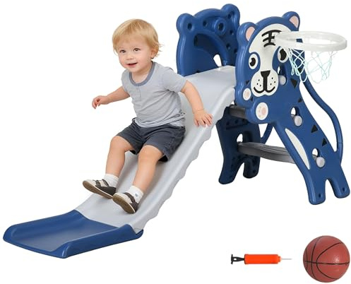 AIYAPLAY Tobogán Infantil 3 en 1 Tobogán para Niños de 18 a 36 Meses con 2 Escaleras 1 Canasta de Baloncesto y Patrón de Animal para Interior 133x60x70 cm Azul y Gris