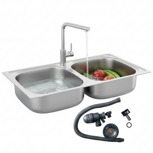 Mucola Küchenspüle Einbauspüle Doppelspüle 81x46 cm Edelstahl Silber | 2 Spülbecken, Beckentiefe 18 cm, Anti-Kondensbeschichtung, Ablaufsieb mit Stopp, inkl. Siphon und Zubehör