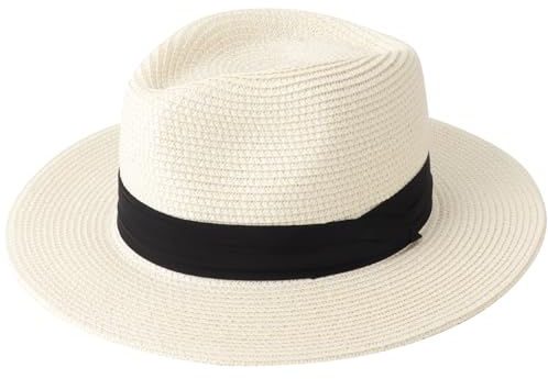 DRESHOW Damen Panama Hut Breiter Krempe Stroh Sommer Fedora Strohhut Panama Aufrollen Hut Strand Rollbar UV Sonnenhut UPF 50 +