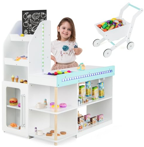 GOPLUS Kaufladen mit Einkaufswagen, Supermarkt Holz, Kaufmannsladen mit Tafel & Registrierkasse & 39 Zubehör, inkl. LED-Lichter & Fernbedienung, Einkaufsladen Verkaufsstand für Kinder ab 3 Jahren