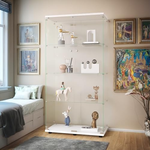 POYHKFD Vitrine aus Glas, 4 Ablagen mit Türen, Vitrinen, Glasschrank, Schränke, Vitrinen für Sammler, Glasvitrine für Wohnzimmer, Regale im Wohnzimmer, (Doppeltür, weiß)