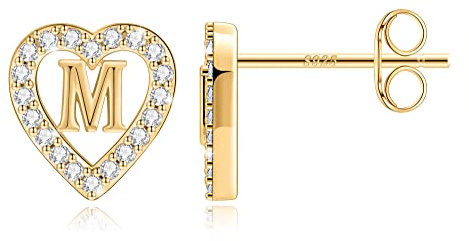 TINGN Boucles d'oreilles en forme de lettre pour fille - Plaqué or 14 carats - En forme de cœur - Sans nickel - Avec zircone - Cadeau pour fille et femme, 8mm x 9mm, Laiton Argent sterling, Zircon