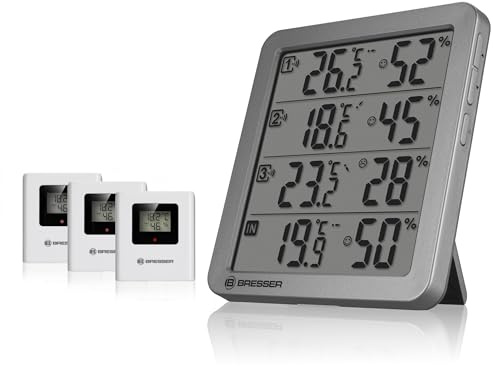 Bresser Quadro NV Thermometer Hygrometer für innen und außen, digital 3x | Temperatur und Luftfeuchtigkeitsmesser, Schimmelalarm, Lüftungsempfehlung, 4 Messorte, Smiley, Min Max Speicher