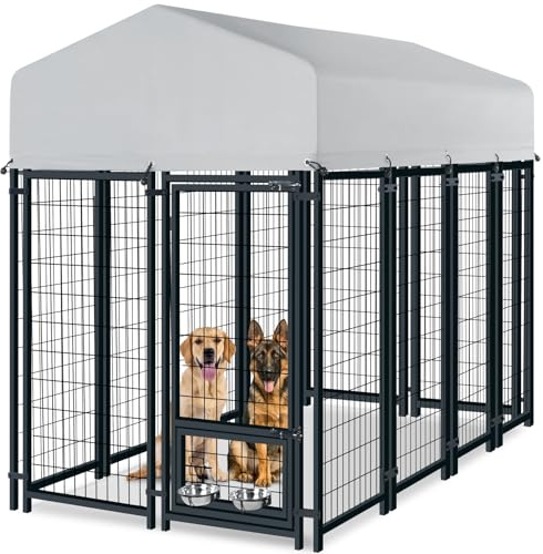 Oranland 8x4x6FT Outdoor Dog Kennel, Heavy Duty Welded Wire Steel Dog Kennel with Secure Lock for Outside, Upgraded Heat Dissipation & Heat-Reflective Silver Waterproof Roof with 2 Rotating Dog Bowls