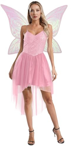 Miutii Dam, älva, klänning, paljetter, elfenklänning med fjärilar, älvvvingar, skogsälva, prinsessklänning, älva, kostym, cosplay, halloween, karneval, kostym, rosa, S
