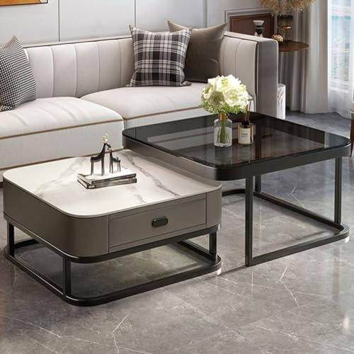 HanDpi Modernes quadratisches Couchtisch-Set mit 2 Stück – Couchtisch aus Glas mit Metallrahmen – Couchtisch mit Stauraum für das Wohnzimmer – leicht zu montierende Wohnmöbel, Größe: Groß: 70 cm,