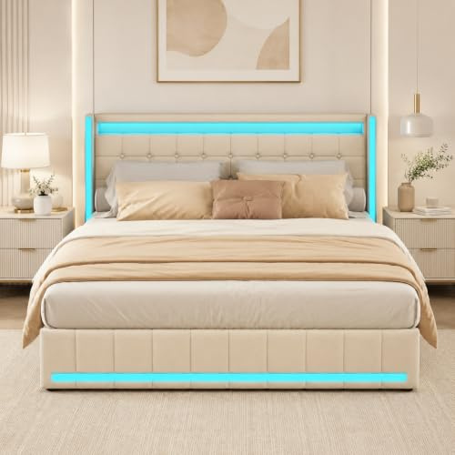 WOBOPCG Polsterbett Doppelbett 160x200,Stauraumbett mit Lattenrosten 4 Schubladen Bett mit Lattenrost mit Aufladen USB und Licht Stauraumbetten Bettgestell (Beige Leinen（USB）, 160x200)