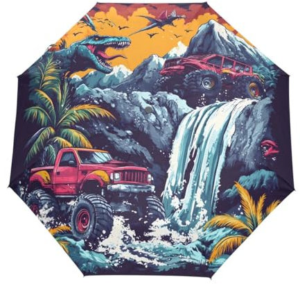 GAIREG Dino and Trucks faltbarer Regenschirm, automatisches Öffnen, kompakt, leicht, Reise-Regenschirme für Regen