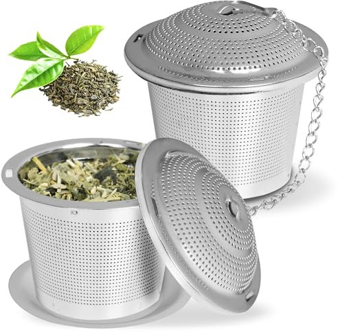 Juego de 2 coladores de té de acero inoxidable, colador fino para té suelto y hierbas, incluye bandeja de goteo y cadena de 11 cm, reutilizable, apto para lavavajillas, sin BPA, perfecto para tazas