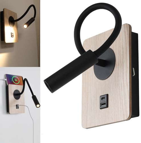 Alpinaluz Applique murale LED noire 3 W avec spot flexible, ports de charge USB et type C - effet bois - interrupteur intégré - 2800 K blanc chaud