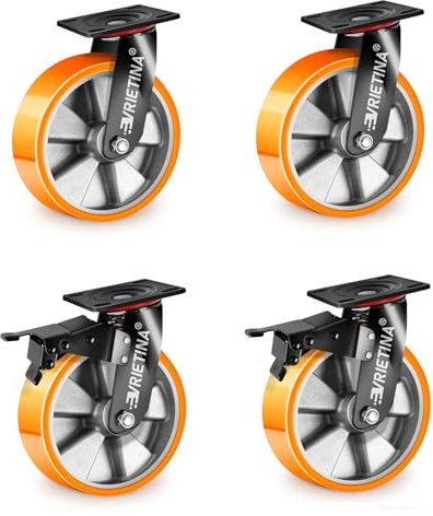 4 Stück 125mm Schwerlastrollen mit Bremse 360° Drehbar Industrierollen | inkl. 2 Lenkrollen mit Feststeller, 2 Lenkrollen, Traglast 1600kg, Abrollwerk Schwerlast, Aluminiumfelge Polyurethan