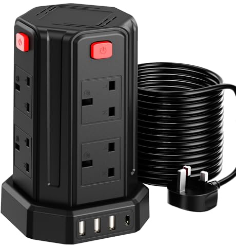 Tower Extension Lead 10M, 8 AC Outlets and 4 USB Ports Extension Tower | Surge Protection Extension Lead with 4 Independent Switch, 17W USB C Ports Extension Cable 10M for Office, Home(13A 3250W)