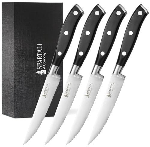 Spartali & Company Premium 4.5-Inch Steak Knife Set of 4 – Serrated Stainless Steel Blades with Ergonomic Handles – Razor-Sharp Cutlery for Effortless Meat Slicing – Dishwasher Safe, Rust-Resistant.