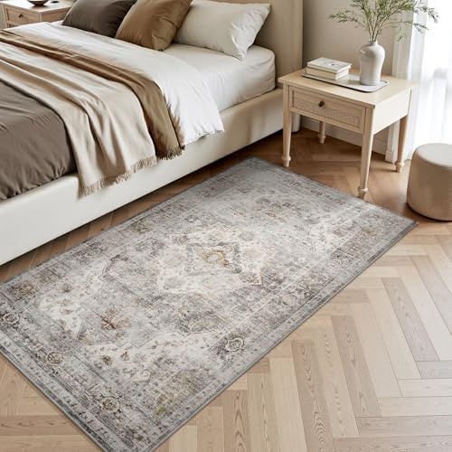 SIXHOME Alfombra Salón Vintage 80 * 150cm, Alfombra de Habitación Lavable Antideslizante Moderna, Tapete Quarto Pelo Corto para Comedor, Cocina, Pasillo, Gris y Beige