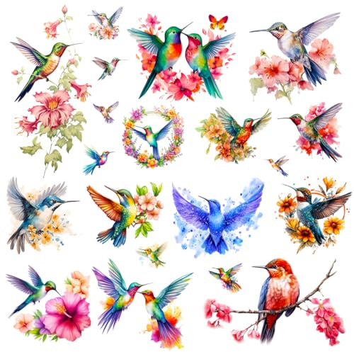 CHARLENT 9 Bögen Aquarell Kolibri Temporäre Tattoos für Damen, Blumen | Wasserdichte Vogel Tattoos mit Kolibri und Blumen, realistische Body Art für Arm, Rücken und feminine Looks