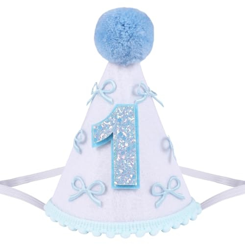 Yoolhamy 1. Geburtstag Hut für Baby Mädchen und Jungen - Handgemachte Filzkegel Erste Mütze mit Pom Pom - One Birthday Dekorationen für Cake Smash, Fotoshooting & Party Feiern (Blaue Schleife)