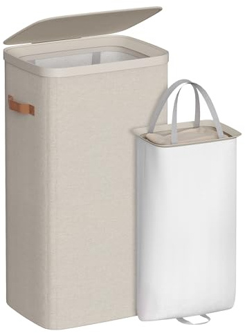 SONGMICS Laundry Basket, 100 L Laundry Hamper, with Lid and Handles, Removable Liner, Easy Assembly, 42 x 32 x 75 cm, Cappuccino Beige LCB811LH01